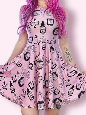 Kawaii Goth Pastel Pink Potions Skater Dress RARE Small Living Dead Clothing LDC